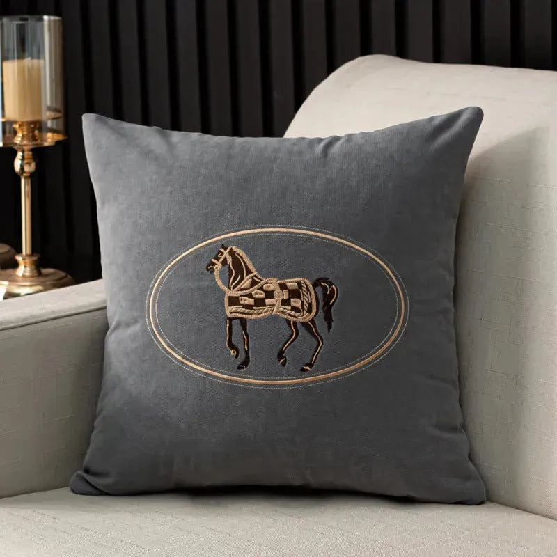 Hand-Embroidered Cushion Cover with Horse Pattern - Bellarte Enchanté Hand-Embroidered Cushion Cover with Horse Pattern